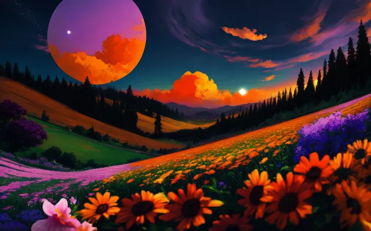 4k, highquality, Awesome scenery, chill vibe, wonderful world, lovely sky, circular placed flowers, overhead view, multiple planets in the sky
, <lora:aofks - AnatoFinnstark:0.5>, <lora:jkrz - JakubRozalski:0.35>,  orange theme:0.55,  <lora:more_details:0....