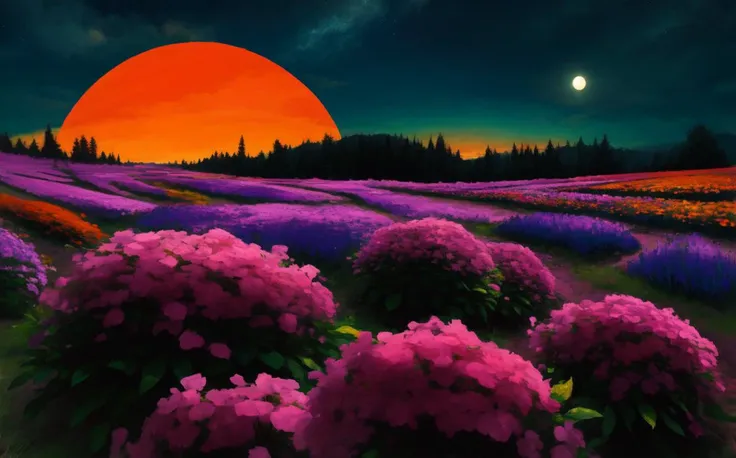 purple flowers in a field with a sunset in the background