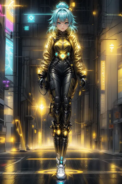 a woman in a futuristic suit walking down a city street