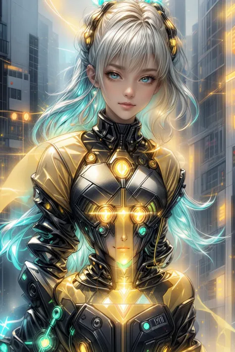 a woman in a futuristic outfit with glowing lights on her chest