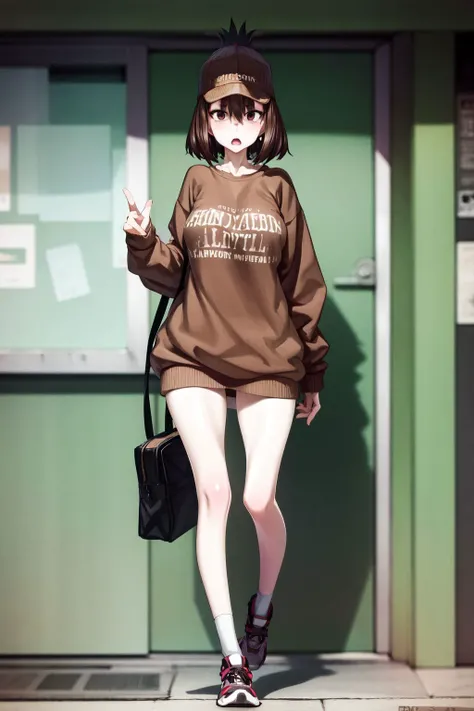 full body, solo, 1girl, shocked, looking at viewer, brown sweatshirt <lora:honjou_raita_style_v01:1>