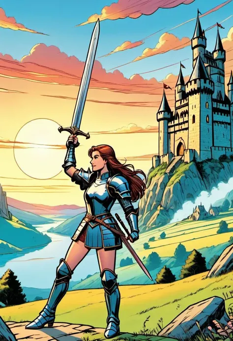 <lora:EldritchComicsXL1.2:0.9>
Comic Book. Young woman in medieval metal armor, lifting a sword toward the sky, near a faraway castle at sunset. Overlooking a valley