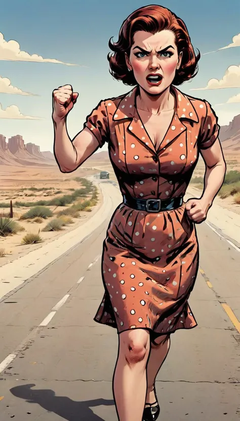 1950s style, angry woman in a polka dot dress, walking towards camera, fists clenched, empty highway in the desert,  <lora:EldritchComicsXL1.2:1> comic book