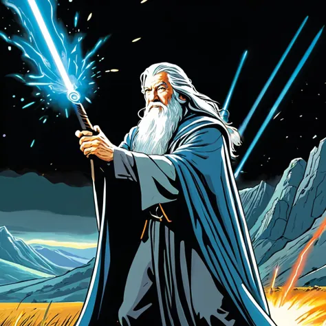 Gandalf the Grey holding  bioluminescent  Assault Rifle shooting  glowing laser beams ,middle earth, plains, comicbook style, explotions, comic book,<lora:GustaveDore_StyleXLv6.1:0.4>, <lora:Bio-Luminescence:0.8>