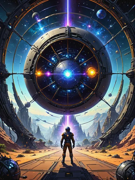 a man standing in front of a futuristic spaceship in a desert