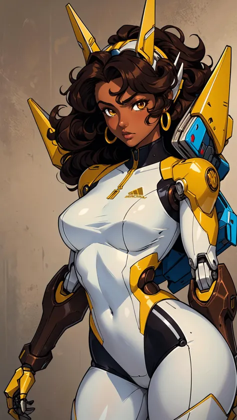 1 girl, brown girl, black hair, brown eyes, curly hair, brown clothing with white pop art, sport clothing, yellow earrings ,mecha musume, headgear, mechanical arms, bodysuit <lora:AMechaSSS[color_theme,mecha musume, mechanical parts,robot joints,headgear]:...