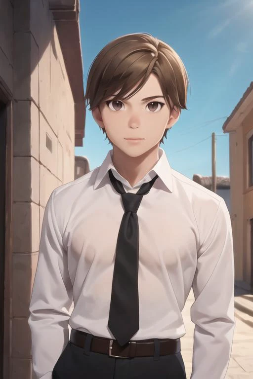 masterpiece, best quality, high quality, 1boy, solo, male focus, looking at viewer, upper body, <lora:manato:0.78>, manato, brown hair, brown eyes, , formal, necktie, dress shirt