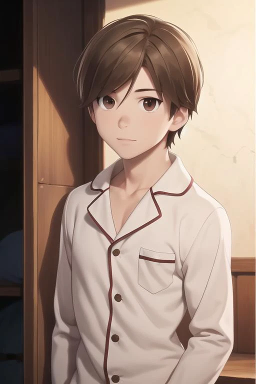 masterpiece, best quality, high quality, 1boy, solo, male focus, looking at viewer, upper body, <lora:manato:0.76>, manato, brown hair, brown eyes, , pajamas