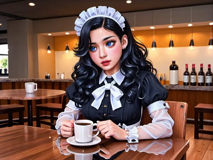 there is a woman sitting at a table with a cup of coffee