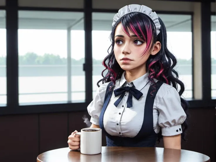 there is a woman with a pink hair and a black apron holding a cup of coffee