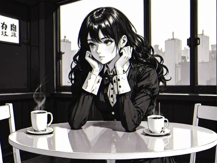 anime girl sitting at a table with a cup of coffee