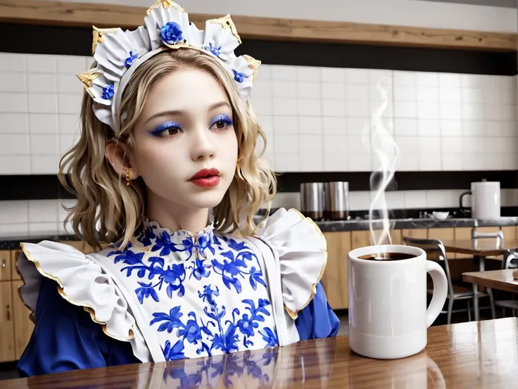 blond woman with blue eyes and a blue dress sitting at a table