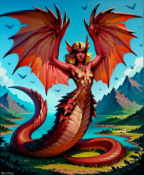 a painting of a woman in a dragon costume with wings