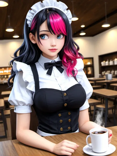 arafed woman with pink hair and a black and white dress sitting at a table