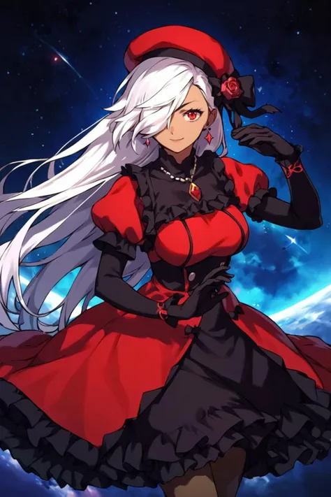 a woman in a red dress and black gloves standing in front of a blue sky