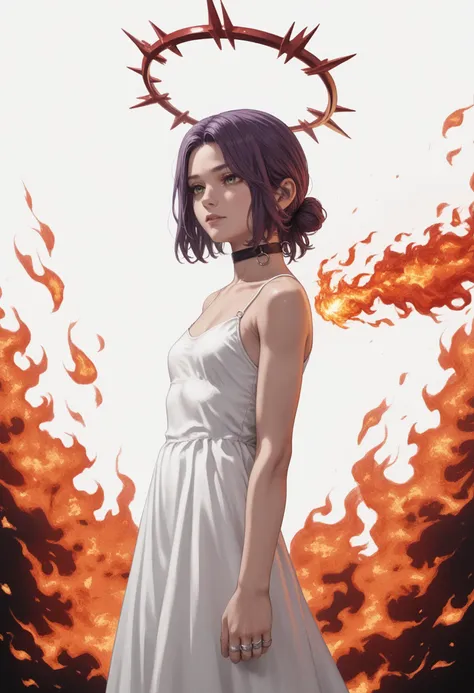 anime girl with crown of thorns in front of fire