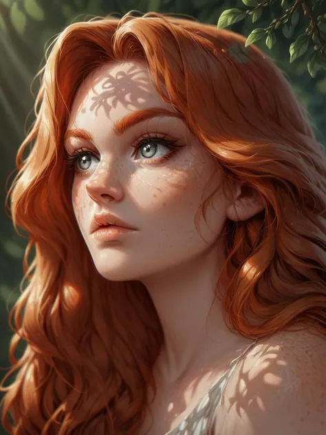 a woman with red hair and blue eyes looks into the distance