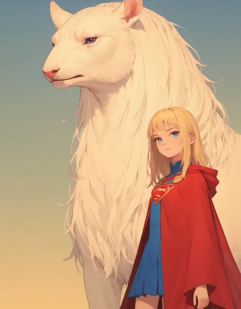 a woman in a cape standing next to a white horse