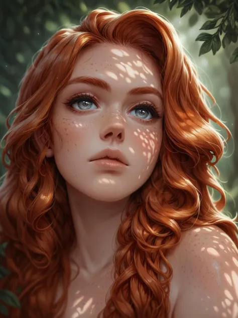 a woman with red hair and blue eyes looks into the distance