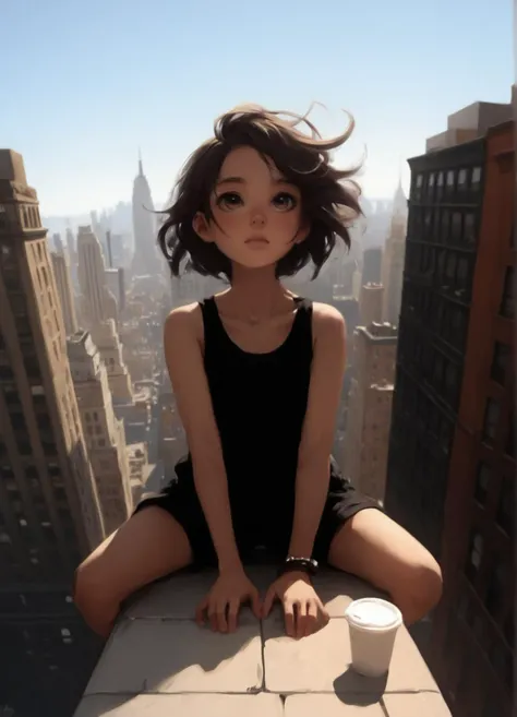 hyperrealistic art score_9, score_8_up, score_7_up,
1girl, cute, hair blowing in the wind, shorts, tank top, sitting on the edge...