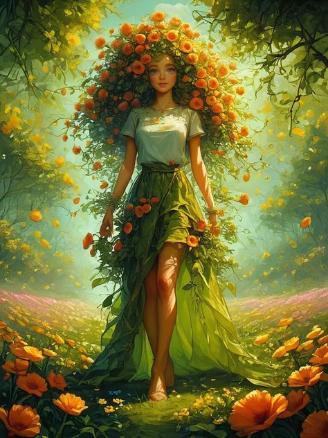 1girl,flowers hair, roots hair, dryad, dull hair, perfect body, perfect anatomy, beautiful body, sexy propotions, (full body:1.2...