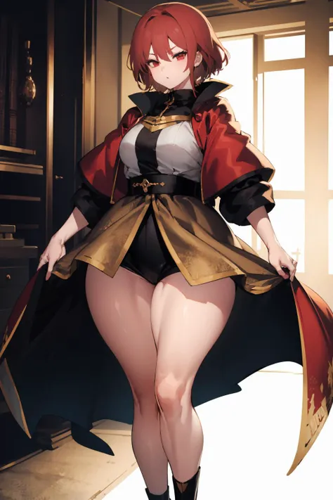 (masterpiece, high quality, highres:1) 1girl,solo,<lora:sekiyu-wasabiya:1>,sekiyustyle,thick thighs,(brown eyes , red hair ),(red eyes , blonde hair),