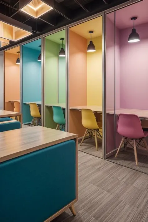 a room with colorful chairs and tables in it