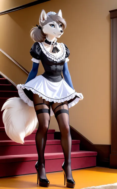 a close up of a woman in a maid outfit on a staircase