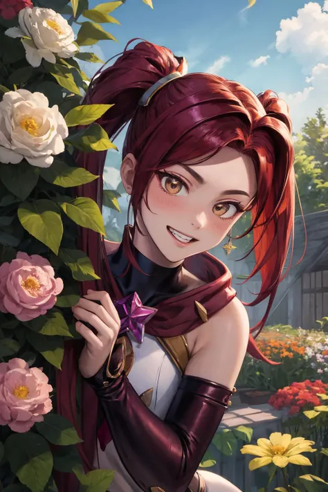 (best quality), (masterpiece),(ultra-detailed:1.2),ultra high res,cowboy shot, 
star_guardian_Jinx, <lora:star_guardian_Jinx:0.7>, garden, standing, holding hair, close portrait, grin, peeking out upper body <lora:peeking_out_upper_body_pruned:1.4> leaves,...