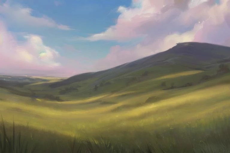 painting of a green field with a mountain in the background