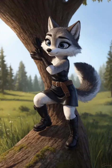 a cartoon wolf is climbing up a tree in a field