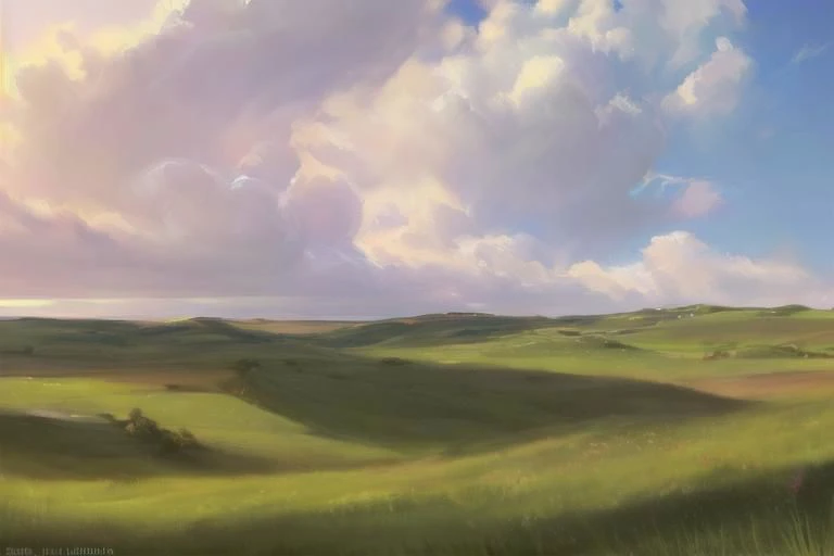 ((((landscape, nature, zero pictured, rolling hills, long grass, clouds, grass, prairie)))), ((by Pino Daeni, by Ruan Jia, by Fumiko, by Levelviolet, by Supplesee)), outside,