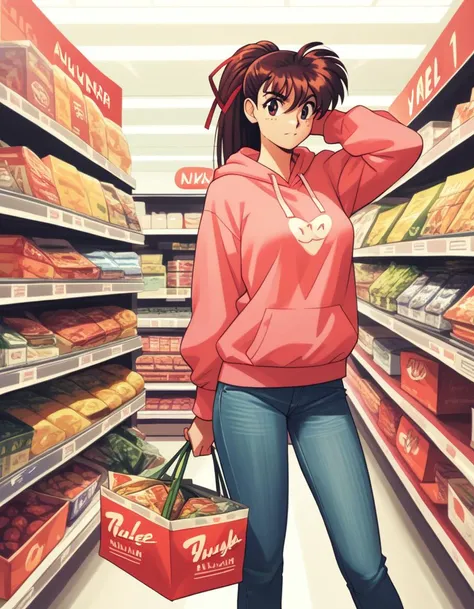 anime girl in a pink hoodie holding a shopping bag in a grocery store