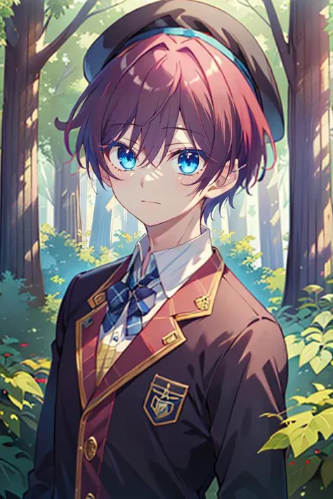 (best quality:1.1), (masterpiece:1.4), , , , , , , 1boy, solo, male focus, <lora:yuuta_shimada:0.74>, yuuta_shimada, red hair, blue eyes, short hair, , beret, The Enchanted Forest,