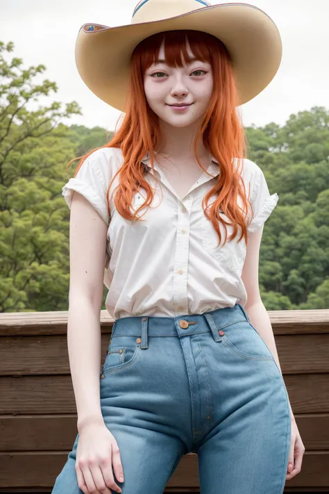 portrait photo of (Yu-jinNobodySD15:1.0) (cowgirl:1.2) curly red hair smiling ranch stetson hat (denim:1.1) depth of field bokeh bright morning light (masterpiece) (best quality) (detailed) (8k) (HDR) (wallpaper) (cinematic lighting) (sharp focus) (intrica...