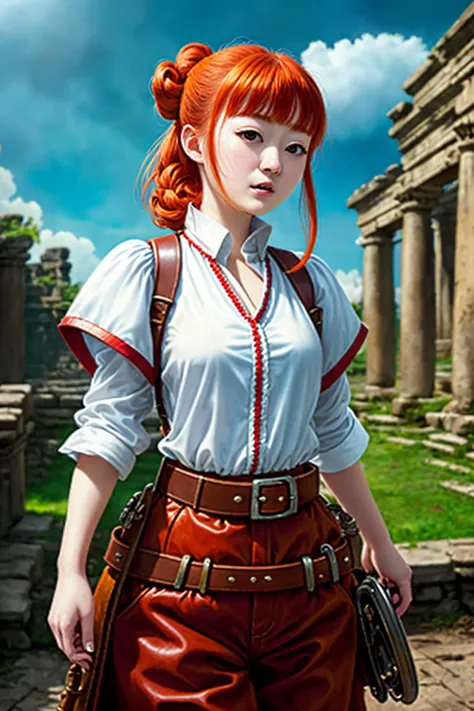 Yu-jinNobodySD15 (D&D rogue character:1.2) painting ginger woman auburn hair (updo:1.1) white button shirt leather pants pauldron teal armor belts straps detailed background ancient ruins beautiful cloudy sky (small_breasts:1.1) (masterpiece) (best quality...