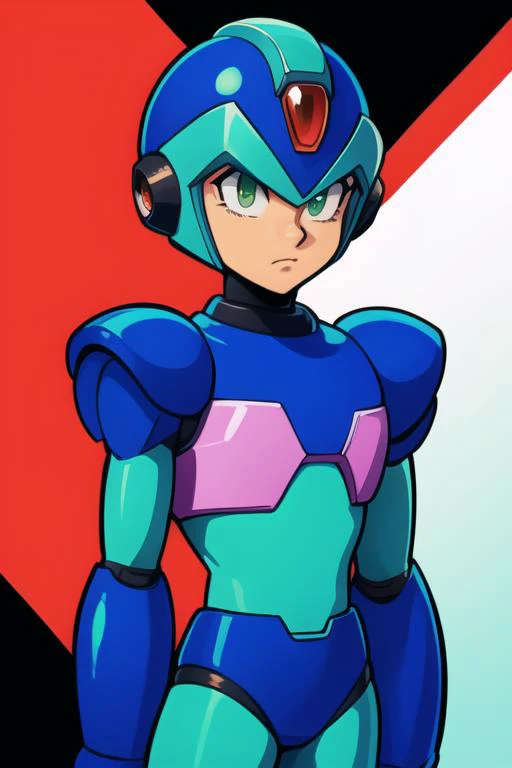 x_megamanx, solo, 1boy, male focus, helmet, android, green eyes, masterpiece, high quality, <lora:X_MegaMan_X_V-08:0.9>