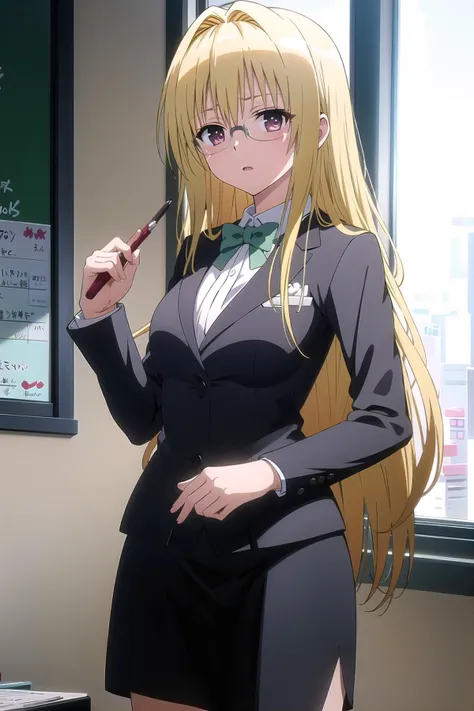 masterpiece, best quality, tearju, 1girl, blonde hair, glasses, pencil skirt, book, formal, skirt suit, teacher, suit, classroom, looking at viewer, <lora:toloveall_V2-000006:0.8>