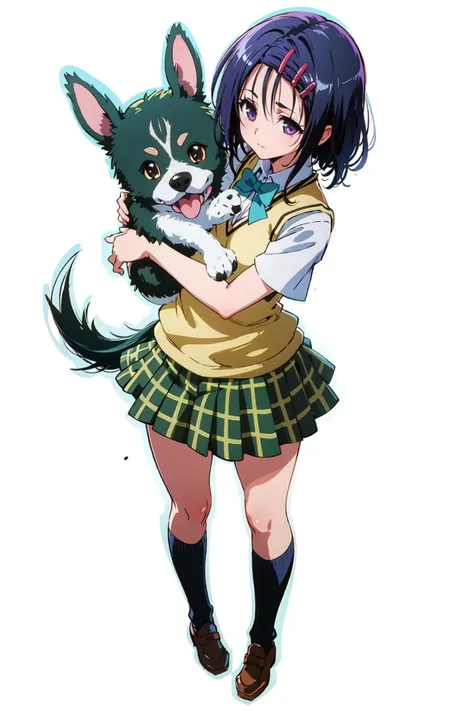 masterpiece, best quality, haruna, 1girl, hairclip, school uniform, sweater vest, plaid skirt, standing, hug dog, maron, full body, white background, <lora:toloveall_V2-000006:0.8>