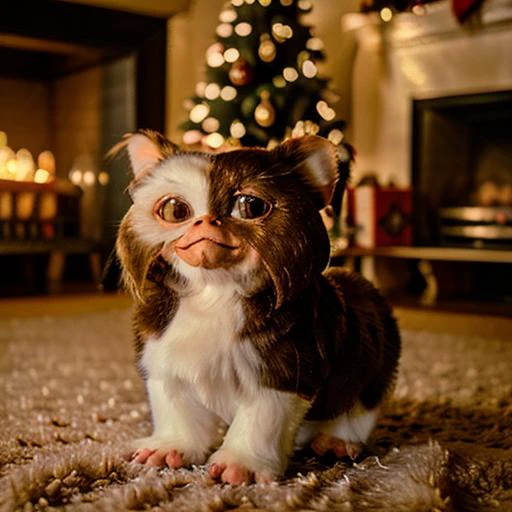 gizmo, in front of christmas tree, (in a box), at night , carpet, color christmas lights, fireplace, bokeh, best quality, masterpiece,(cinematic) lighting, ambient light, haze<lora:Gizmo:0.8>