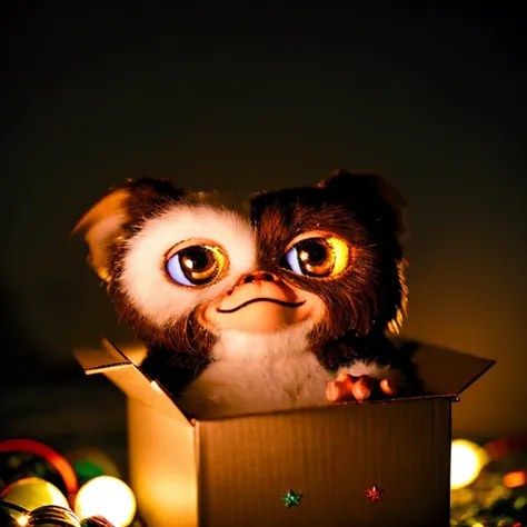 cinematic lighting, polaroid of gizmo, in a box, color christmas lights , christmas tree, (night), (bokeh), low light photography <lora:Gizmo:0.8>