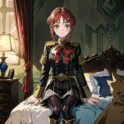 anime - style image of a woman in a uniform sitting on a bed