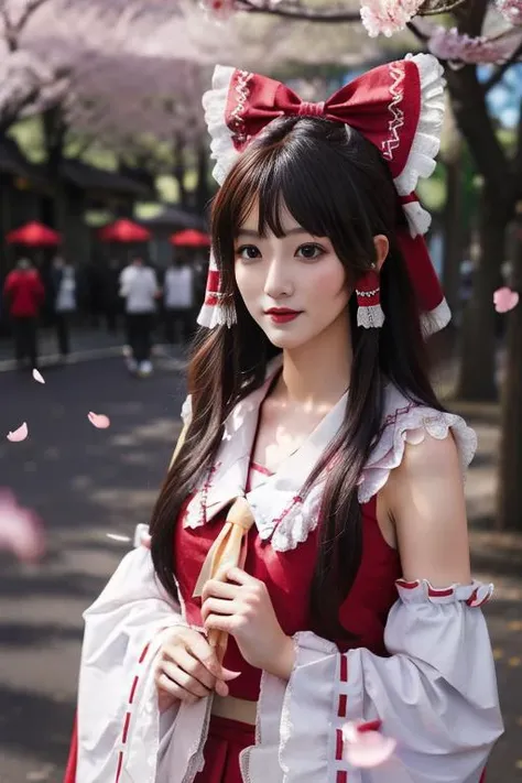 best quality, masterpiece, real,realistic, photo,photorealistic,cowboy shot,looking at viewer, 
1girl, beautifly face,hakurei reimu (cosplay), miko,
outdoors, street,sakura,cherry blossoms, wind,floating hair, falling petals, sunlight, 
<lora:hakurei reimu...