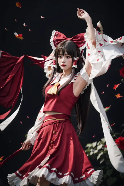 best quality, masterpiece, real,realistic, photo,photorealistic,looking at viewer, 
1girl, beautifly face,hakurei reimu (cosplay), miko,
magic circle, dynamic pose,floating,mid air,depression,dim light,rim light,moody lighting,expressionless,arms up,from b...