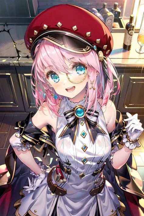 upper body, looking at viewer, from above
1girl, bare_shoulders, blush, gloves, hat,looking_at_viewer, medium_hair, monocle, open_mouth, pink_hair, pink_headwear, ribbon, steampunk, white_gloves  
puffy dress, white dress, wedding dress, 
hands on hips, 
<...