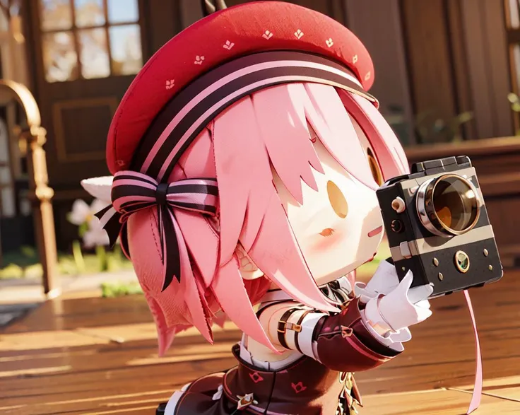 anime girl with pink hair holding a camera and wearing a red hat