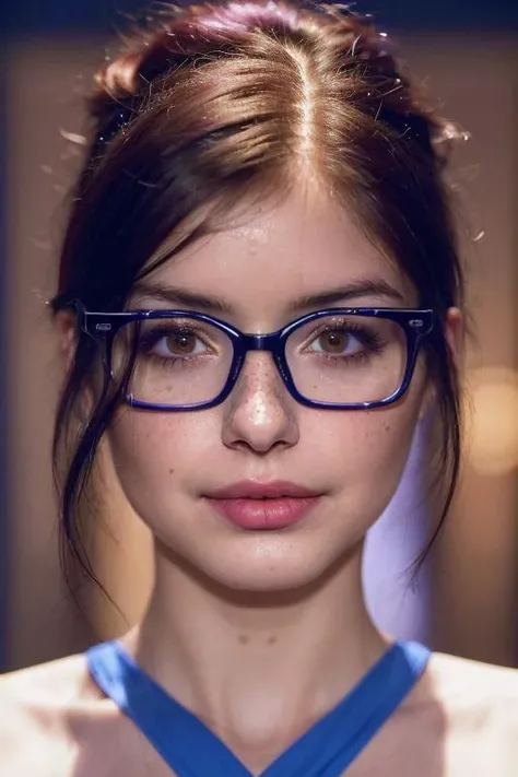 sks woman (dressed as a libriarian), blue glasses, ponytail and bangs, freckles, blushing, pale skin, (waist shot), <lora:locon_arielwinter_v1_from_v1_64_32:1.3>, full sharp, detailed face, looking at viewer, eye contact, (8k, RAW photo, best quality, mast...