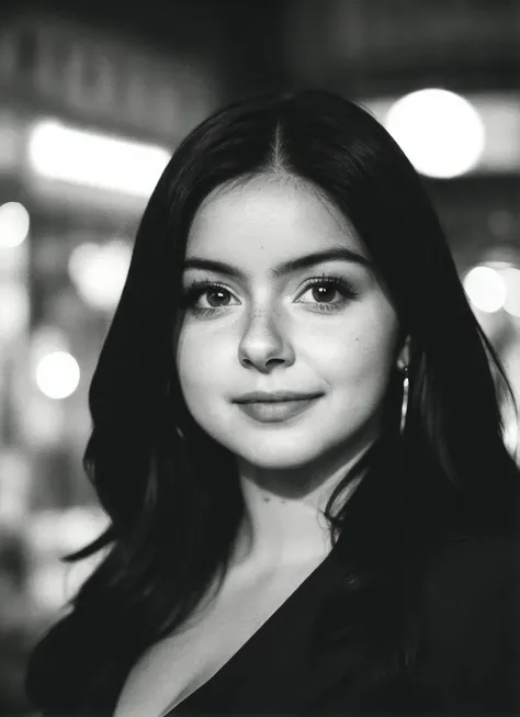 candid RAW close up portrait photo of sks woman in a (purple colored suit:1.0) on a dark street with shopping windows (at night:1.2), bokeh, Ilford Delta 3200 film, dof, high definition, detailed, intricate, flashlight, <lora:locon_arielwinter_v1_from_v1_6...