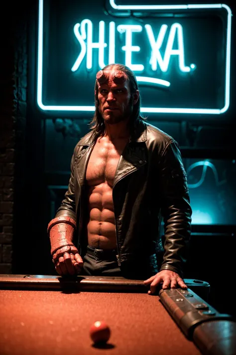 A photo of Hellboy in a vibrant night club wearing leather jacket, playing pool. (heavy rock hand:1.1).
(neon lights:1.2), blurry, pastel colors, smiling, pool balls
<lora:hellboylora:0.8>