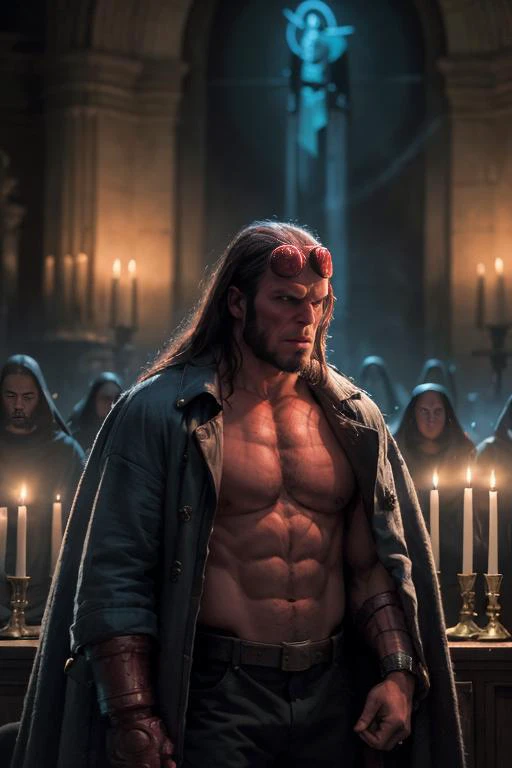 1man, solo, photography, close up, portrait of muscular hellboy man with no horn wears coat jacket in middle of altar with group devil worshipper at night, swirl of blue ghosts, dim light, rim light, yellow magic energy, blue aura, dramatics, realistic, or...